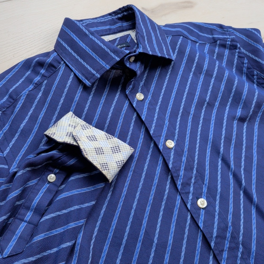 Robert Graham Shirt Mens M Blue Striped Plaid Flip Cuff Cotton Long Sleeve